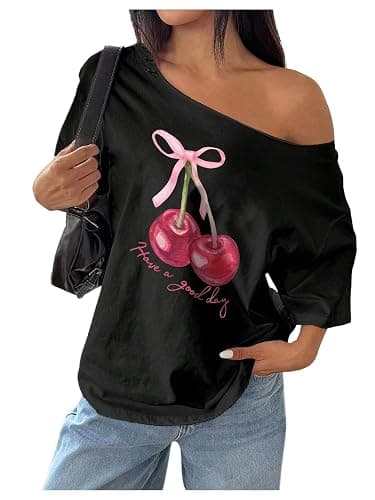 RoseSeek Women's Off The Shoulder Tops Floral Graphic Oversized Tshirts Shirts Y2k Summer Tops Trendy - Image 1