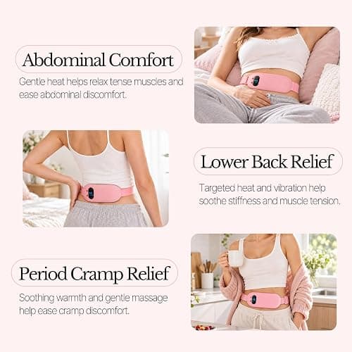 Portable Heating Pad for Period Cramps: 6 Heat Levels & 6 Massage - Cordless Electric 3s Fast Heating Belly Wrap Belt for Menstrual, Back Pain Relief - A Gift for Women Girls Her Pink thumbnail 3