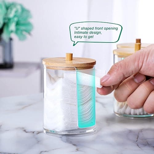 INCETUE 3PCS Cotton Pad Holder with Bamboo Lid for Bathroom Storage, Acrylic Cotton Swab Dispenser, Clear Round Cotton Wool Bud Jar for Vanity, Small Qtip Container, Makeup Organiser Set thumbnail 6
