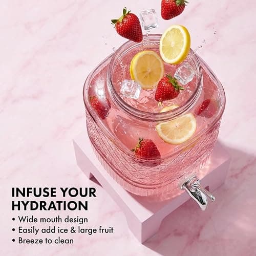 Beverage Dispenser 1 Gallon, Glass Drink Dispenser with Wooden Base Stand, Wide Mouth Jar for Lemonade, Iced Tea, Infused Water, Vintage Kitchen Decor - Pink thumbnail 4