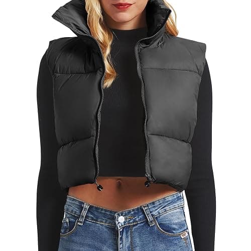 Century Star Puffer Vest Women Girls - Cropped Fall Winter Outerwear Puffy 2025 Quilted Top Jacket Coat Gilet Sleeveless Zip thumbnail 3