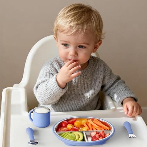 Bakpoco Stainless Steel Suction Plates for Toddlers, 8" Divided Kids Baby Plates with Removable Silicone Suction, Non Toxic Non Slip Portion Control Snack Dishes 3 Packs, Blue Gray Beige thumbnail 2