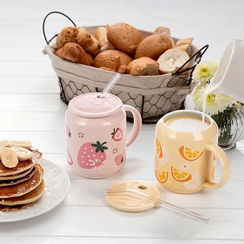 Noamus 2 Pack Cute Ceramic Mugs with Lid and Straw, 13 Oz Fruits Pattern Coffee Cup with Handle, Handmade Strawberry Orange Tea Cup for Office Home, Hot Ice Water Chocolate Milk, Women Gift thumbnail 5