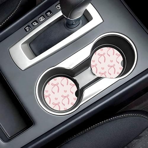 Pink Bow Love Heart Car Cup Holder Coaster 2 Pack Absorbent Ceramic Car Coasters for Cup Holders Car Accessories Interior for Women Men Universal Anti Slip Cork Base Cup Coasters with Finger Notch thumbnail 6