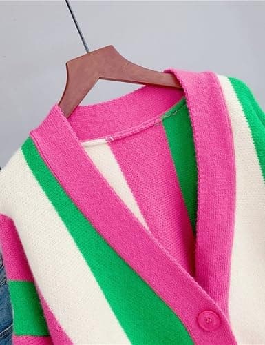 Unilexi Womens Loose Long Sleeve Rainbow Striped Cardigans Sweater Boho Color Block Chunky Knitted Tops thumbnail 5