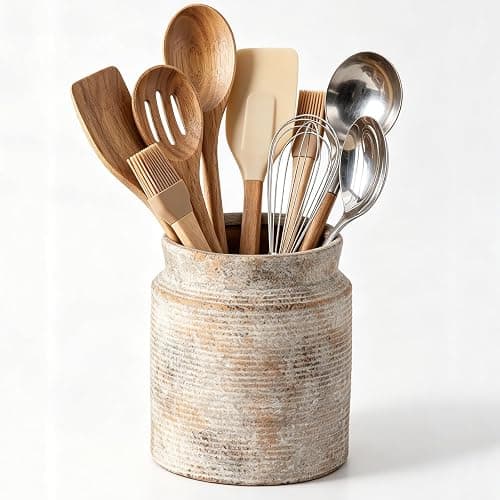 Rustic Utensil Holder for Kitchen Countertop - 6.5 inch Ceramic Utensil Crock Farmhouse Cooking Utensil Organizer for Spatula, Spoon (S-Rustic) - Image 1