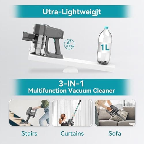 DEVOAC N300 Cordless Vacuum Cleaner, 6 in 1 Lightweight Stick Vacuum, 2200mAh Battery Up to 40mins Runtime, Powerful Handheld Vacuum for Hard Floor Rug Pet Hair Home Dorm (Waterfall) - Waterfall thumbnail 3