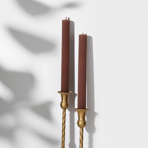 PAMELIFE 2 Pack | 10" Premium Unscented Ribbed Wick Taper Candles, Tall Ribbon Wax Dinner Unscented Modern Home Décor Soy Wax Handmade 12 Hours candlesticks (Brown) thumbnail 2