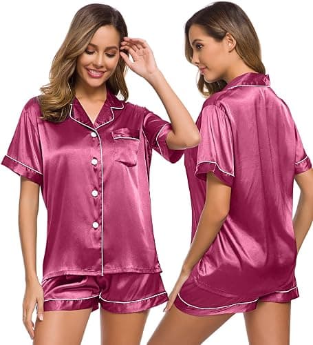 SWOMOG Womens Silk Satin Pajamas Set Short Sleeve Sleepwear Button Down Top and Shorts Loungewear 2 Piece Pjs Set XS-3XL - Image 1