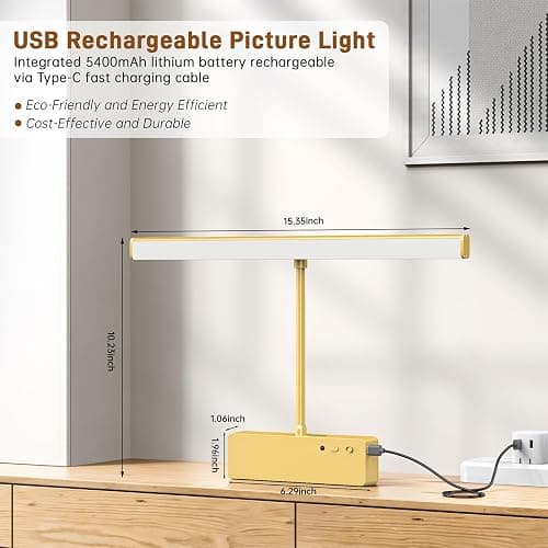 Picture Light, 15.35inch Wireless Picture Lights for Wall Rechargeable, 5400mAh Battery Wall Light with Remote, 3 Color Art Lighting for Paintings with Timer and Dimmable for Display, Gallery (Gold) thumbnail 7