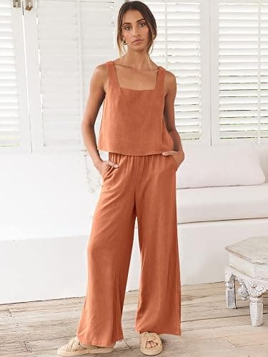 ANRABESS Women's 2 Piece Outfits Linen Pants Jumpsuit Matching Lounge Set Casual Summer Beach Vacation Trendy Clothes thumbnail 2