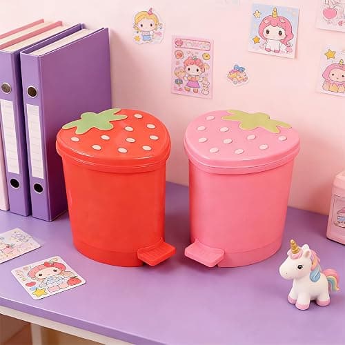 BxuxJar Strawberry Trash Can with Lid 1 Gal Small Cute Trash Can for Desk | Small Pink Strawberry Trashcan Cute Girls Room Trash Can for Bedroom Desk Office with Garbage Bag and 3D Cartoon Stickers thumbnail 4