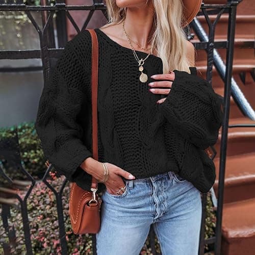 Women's Oversized Knit Crewneck Off Shoulder Long Sleeve Loose Solid Color Pullover Sweater Top thumbnail 4