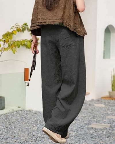 IXIMO Women's Linen Harem Pants Vintage Wide Leg Lantern Front Raw Frayed Patchwork Baggy Boho Lounge Trousers thumbnail 4