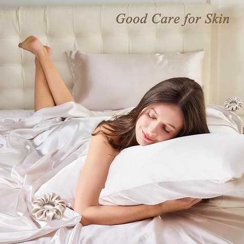 Vielit Queen Satin Pillowcase for Hair 2pc,Similar to Silk Pillow Cases,Easier Care Than Silk Pillowcase,Gifts for Women Men,Beige,20x30 & Envelope Closure and 2 Satin Scrunchies thumbnail 4