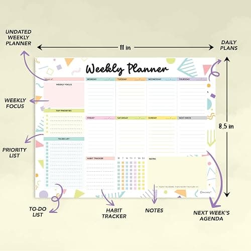 Decorably 52 Sheets Colorful Pastel Undated Weekly Planner Tear Off Pad | Weekly Planner Notepad with 8 Write-In Blocks - 11x8.5in, Week at a Glance Pad, Weekly Calendar, Glue-Bound, Tear Off Design thumbnail 2