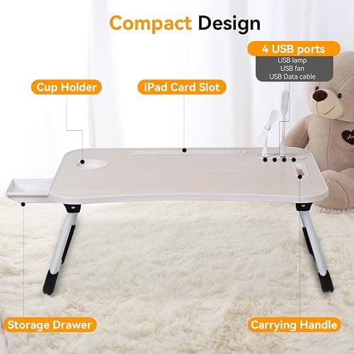 23.6 inch Portable Bed Desk, Folding Lap Desk with 4 USB Ports, Wind Fan, LED Light, Cup Holder and Side Drawer for Working, Reading, Writing, Eating on Bed, Sofa, Floor (White) thumbnail 4