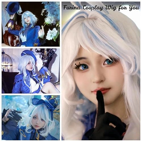 Half and Half Furina Cosplay Wig Fontain Focalors Costume Wigs 39'' Long Curly Wave Synthetic Hair for Women Halloween Costumes Party thumbnail 3