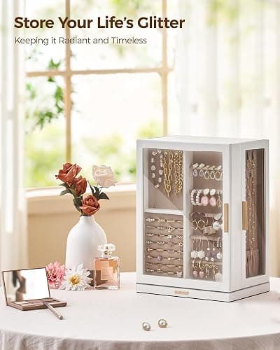 Glimmloop 360° Rotating Jewelry Box with 7 Drawers, Spacious Vertical Jewelry Organizer with Glass Window, Jewelry Storage Case, Dustproof & Moisture-resistant Design, White thumbnail 8