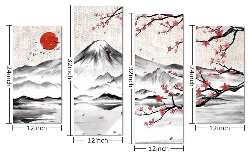 LyerArtork 4 Panel Japanese Ink Painting Wall Art Mount Fuji with Moon Pictures Wall Decor Cherry Blossom Canvas Print Japan Traditional Artwork for Living Room Bedroom Decoration thumbnail 7