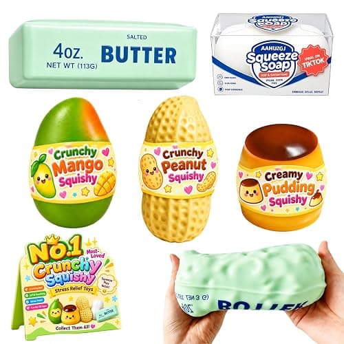 5 Pack Crunchy Squishy Squeeze Stress Squishies Ball Asmr Bead Filled | Butter Mango Peanut Soap Pudding Potato, Stress Stick Rebound Calming Desk Decor Moldable Adults Party Favor - Image 1