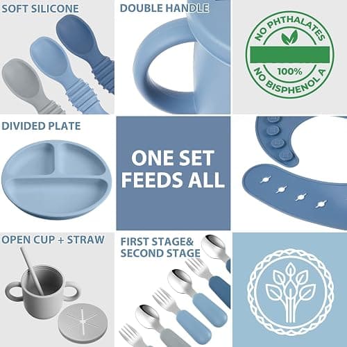 Yinder 24 Pack Silicone Baby Feeding Set Baby LED Weaning Set, Ocean | for Babies 6+ Months, Suction Plate Bowl, Adjustable Bib, Snack Cup Straw, Soft Spoon Fork, Baby Mealtime, Self Feeding thumbnail 6