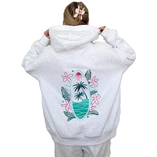 Women Preppy Embroidered Hoodies Y2K Graphic Cute Teen Girls Vintage Oversized Sweatshirt Floral Aesthetic Pullover Top