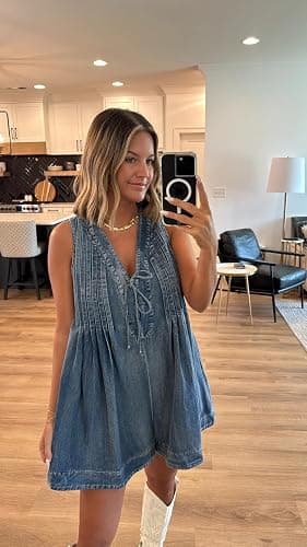 yoeasy Women's Sleeveless V Neck Shorts Denim Romper Tie Front Ruffle Cute Loose Jean Short Overalls with Pockets thumbnail 3