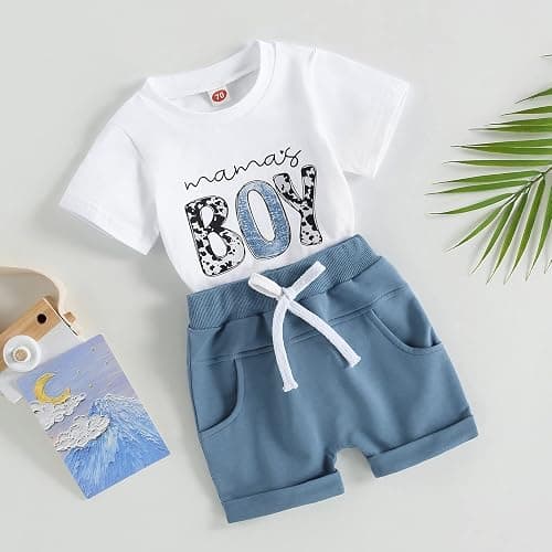 Toddler Baby Boy Summer Clothes Mamas Little Boy Short Sleeve T Shirt Tops Infant Rolled Stretch Shorts Set thumbnail 2