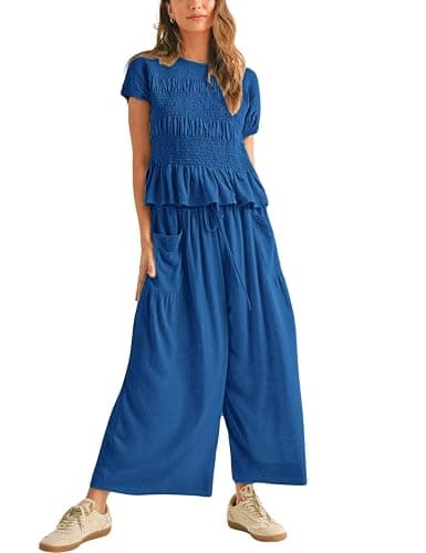 Antnation Womens 2 Piece Smocked Top Wide-Leg Pants Set High-Waisted Lounge Outfit with Pockets Casual Boho Matching Set thumbnail 2
