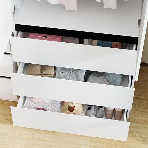 LABROSKIA Wooden Wardrobe Closet with 2 Doors: 75" Bedroom Armoire Wardrobe Closet with 3 Drawers, White Cabinet with Hanging Shelves, Large Storage Cabinet (Modern, 1) thumbnail 6
