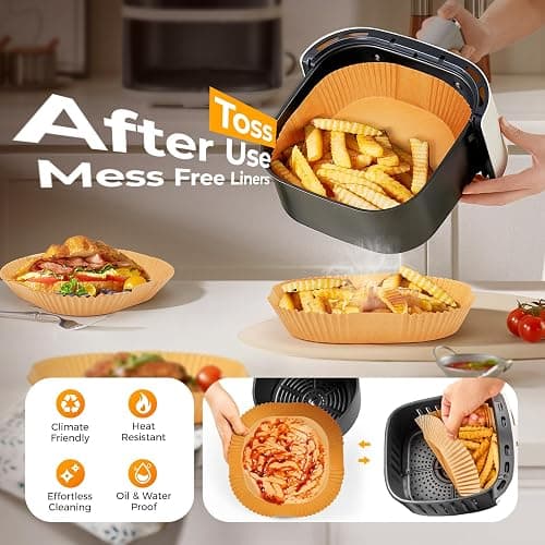 Air Fryer Paper Liners, 125Pcs Parchment Paper, Air Fryer Liners Disposable for Microwave, Non-Stick Air Fryer Liner Square Free of Bleach (8IN) thumbnail 4