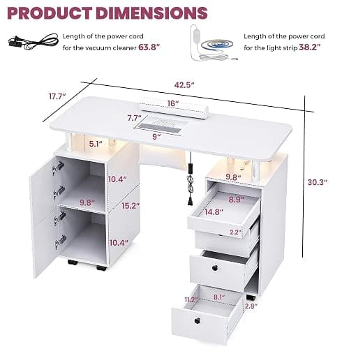 HolaiNail Nail Desk for Nail Tech w/Electric Dust Collector, Rolling Manicure Table w/Lockable Wheels, Storage Drawers, Wrist Cushion, Acetone Resistant, for Nail Beauty Salon Workstation (White) thumbnail 3
