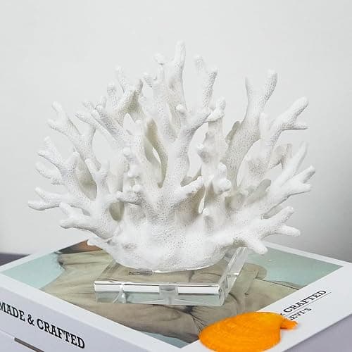 vlinlvo Coral Reef Ocean Decor, 6.3'' High x 7.5'' Width Artificial Resin Coral Reef Statue for Ocean Coastal Beach Nautical Themed Room Bathroom Decor for Home, RB1001W, White thumbnail 2