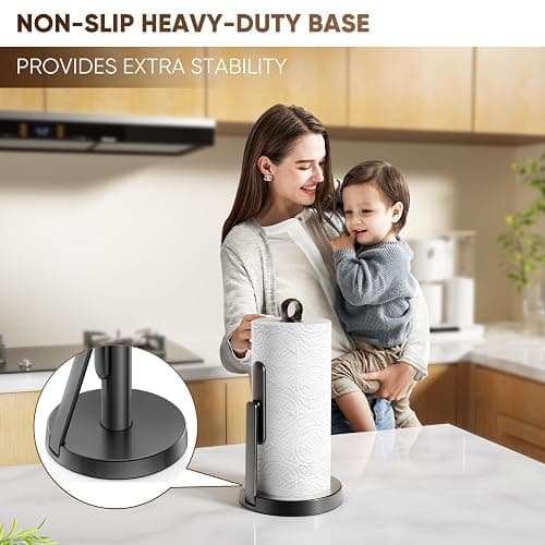 theaoo Heavy-Duty Stainless Steel Paper Towel Holder with Tension Arm – Easy One-Handed Tear, Modern Standing Countertop Dispenser for Kitchen, Holds All Paper Towel Rolls (1, Black) thumbnail 8