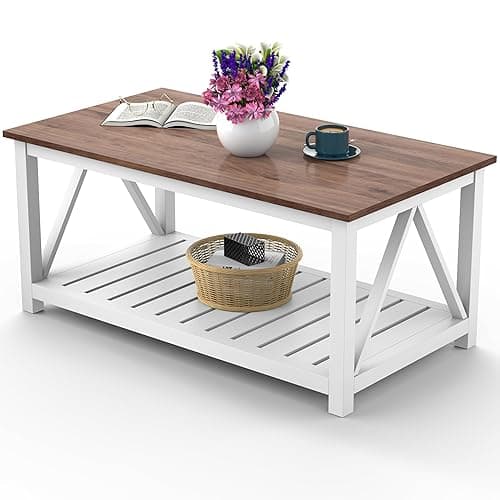 Our Modern Space 40" Farmhouse Coffee Table | Vintage Rustic Wooden Coffee Table with Lower Shelf for Living Room, Dorm, Office, Bedroom Center Table - Brown - 40" - Brown