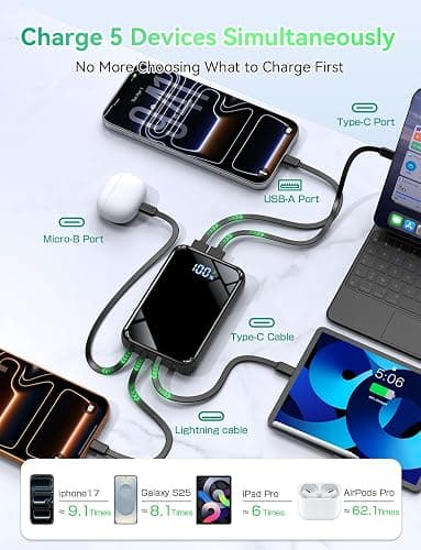 YBYP Portable Charger Power Bank 50000mAh, 22.5W Fast Charging Portable Charger with Built-in Cables, Travel Camping 4 Outputs External Battery Pack, LED Display for iPhone, Android, iPad, Black thumbnail 5
