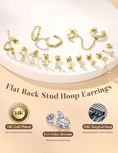 Besteel Hypoallergenic Flat Back Earrings for Women - 14K Gold Plated Cartilage Earring Stacks 20G Surgical Stainless Steel Flatback Stud Hoop Earring Set Conch Tragus Helix Piercing Jewelry thumbnail 5