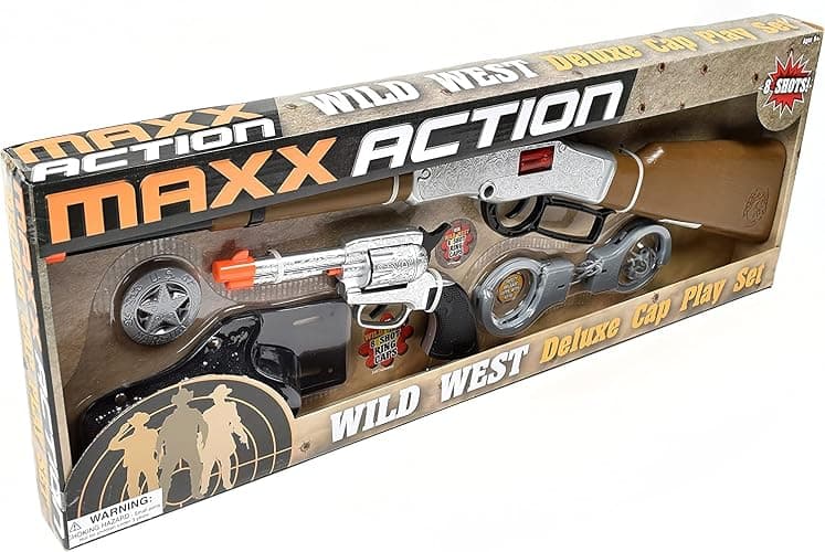 Maxx Action Wild West Cap Play Gun Toy Blaster Play Set – 6 Piece Western Toys for Kids | Cowboy Sheriff Cap Blaster with Handcuffs | Ring Caps Sold Separately thumbnail 2