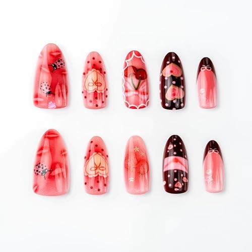 BABALAL Press on Nails Medium Almond Fake Nails Pink Strawberry Glue on Sweet Heart Bow Lips Art False Acrylic Nails Y2k 24Pcs Valentines Custom Stiletto Full Cover for Women Girls thumbnail 3