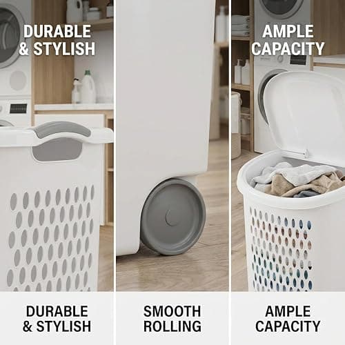 White Wheeled Plastic Laundry Hamper – Adult-Sized Rolling Basket With Handles For Home & Dorms thumbnail 5