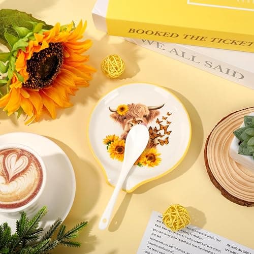 JarThenaAMCS 4.7inch Highland Cow Spoon Rest Watercolor Sunflower Butterfly Cow Small Coffee Spoon Holder for Fall Spring Summer Coffee Stirrers Teaspoon Bar Coffee Station Accessories Kitchen Decor thumbnail 2