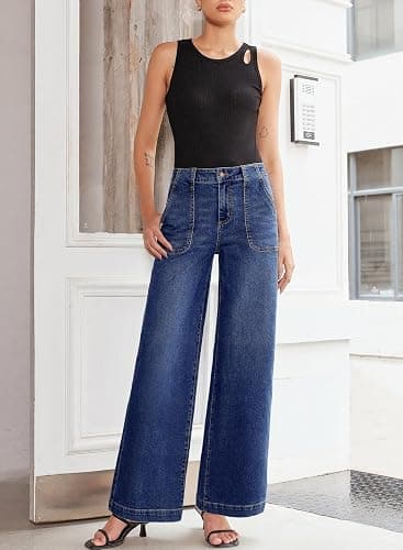Sidefeel Womens Wide Leg Jeans High Waisted Stretchy Straight Leg Baggy Denim Pants with Pockets thumbnail 4