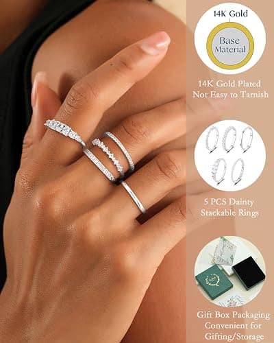 FROLOVER Stackable Silver/Gold Rings for Women Non Tarnish Trendy Dainty 14K Gold Plated Stacking Cubic Zirconia Thumb Ring Set Minimalist Promise Wedding Bands Engagement Rings for Women Size 6-10 thumbnail 2