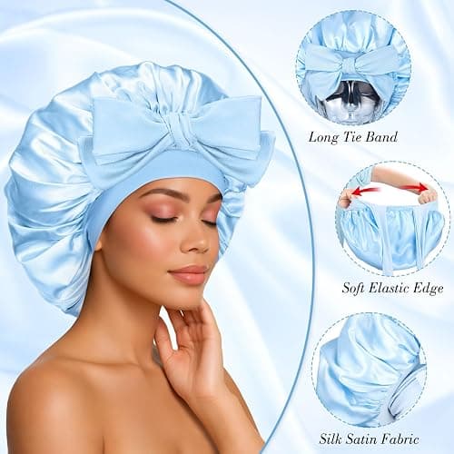 Obeoby Satin Silk Sleep Bonnet for Women, Double-Layer Hair Bonnets with Adjustable Tie Band for Curly Natural Wavy Hair Holiday Birthday Gifts (Blue,Extra Large) thumbnail 4