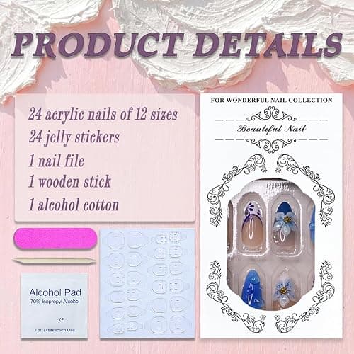 French Tip Press on Nails Medium Almond SWEKKE 3D Floral Fake Nails False Nails with Flower Stars Designs Blue Glossy Glue on Nail Summer Acrylic Nail for Women Girls 24Pcs thumbnail 3