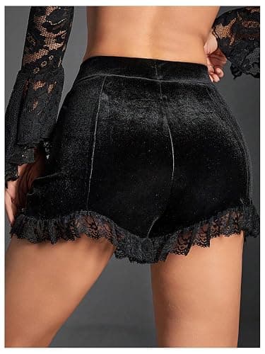 WDIRARA Women's Velvet Contrast Lace Ruched High Waist Gothic Shorts thumbnail 2