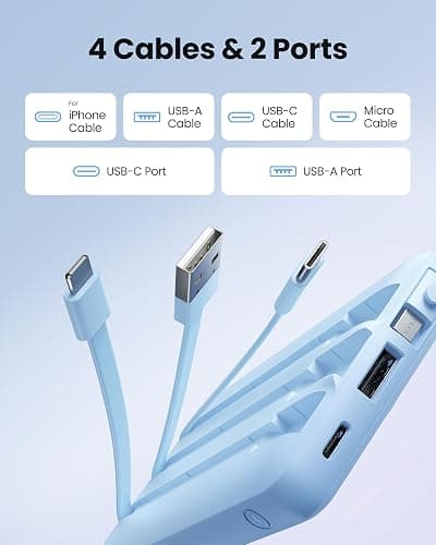 Coowisty 10000mAh Portable Charger, Slim Power Bank with Built-in Cables, Battery Pack 5 Outputs 2 Inputs LED Display Compatible with iPhone/Android & More (Blue) thumbnail 2