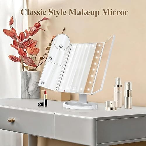 HUONUL Makeup Mirror, Vanity Mirror with Lights, 2X/3X/10X Magnification, Touch Control, Trifold, Dual Power Supply, Birthday Gifts for Women, Wife, Mom, Girls,Dorm Room Essentials thumbnail 8