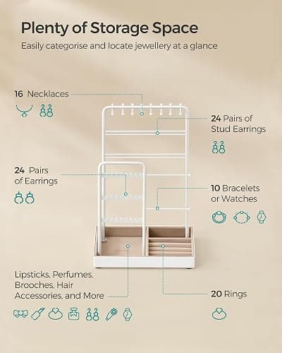 SONGMICS Jewellery Stand, Jewellery Organiser, Jewellery Display Stand with Metal Frame and Velvet Tray, Earring Bracelet Holder, Necklace Stand, for Studs, Rings, Gift Idea, White JJS021W01 thumbnail 5